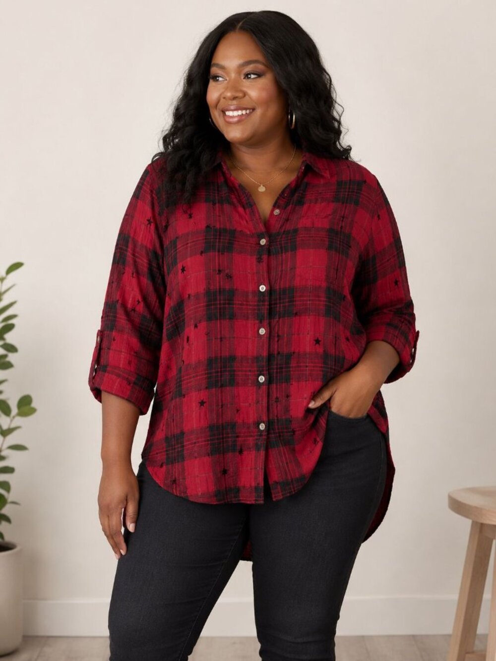 Jane + Delancey Plaid Star Tunic Shirt 2X Red Black Whimsigoth Grunge